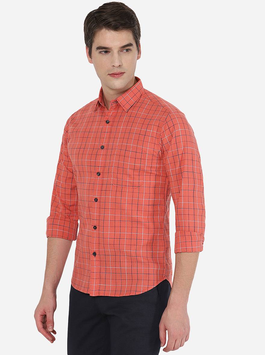 Orange Checked Slim Fit Semi Casual Shirt | Greenfibre