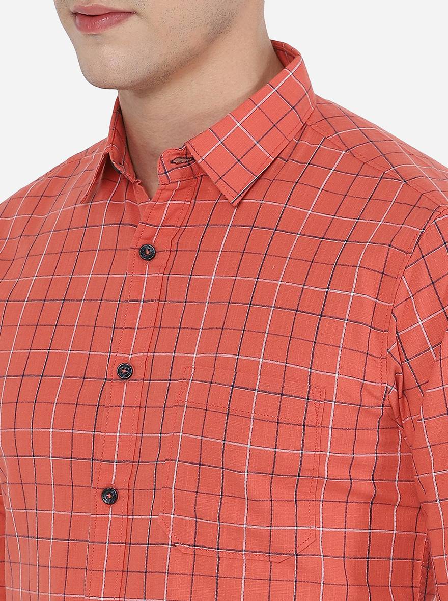 Orange Checked Slim Fit Semi Casual Shirt | Greenfibre