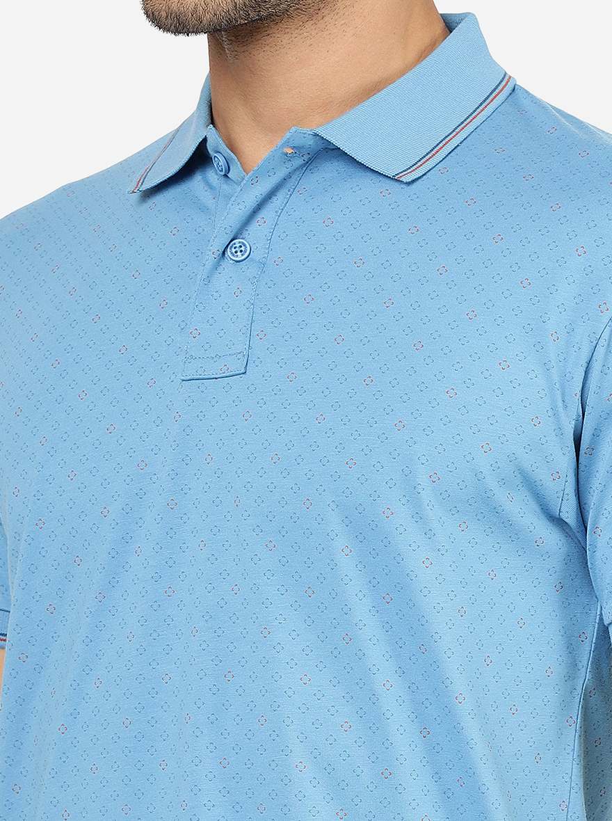 Blue Printed Slim Fit Polo T-Shirt | Greenfibre