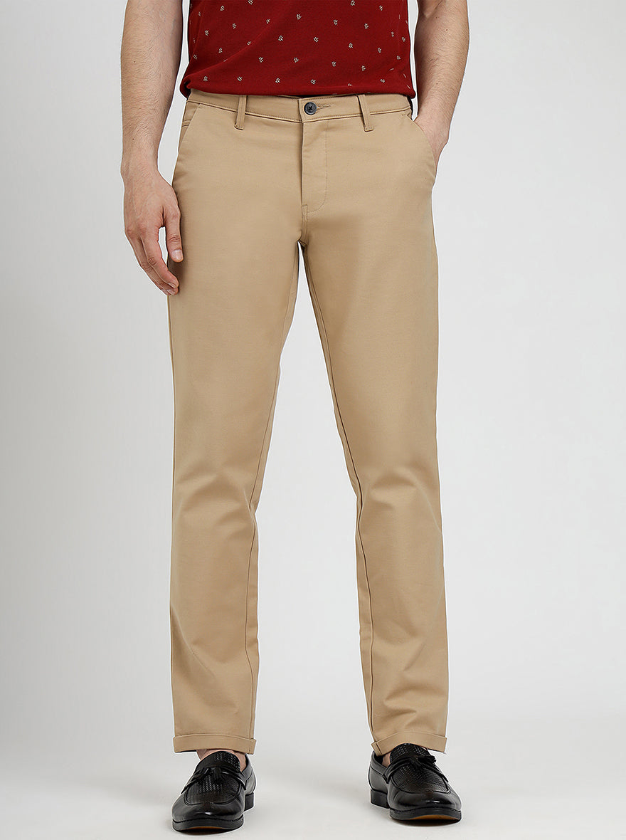 Beige Solid Neo Fit Casual Trouser | Greenfibre