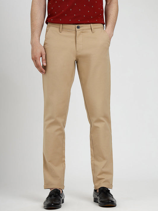 Beige Solid Neo Fit Casual Trouser | Greenfibre