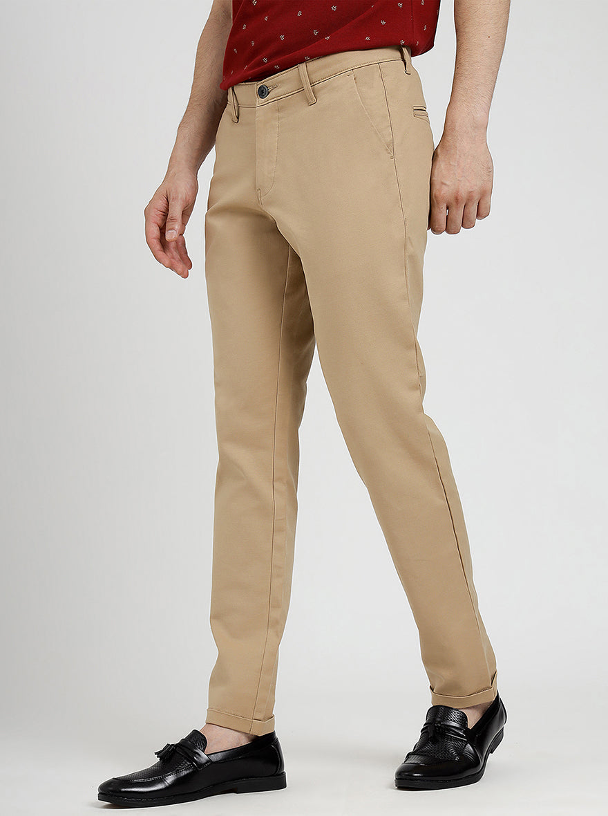 Beige Solid Neo Fit Casual Trouser | Greenfibre