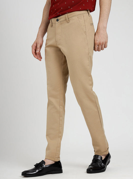 Beige Solid Neo Fit Casual Trouser | Greenfibre