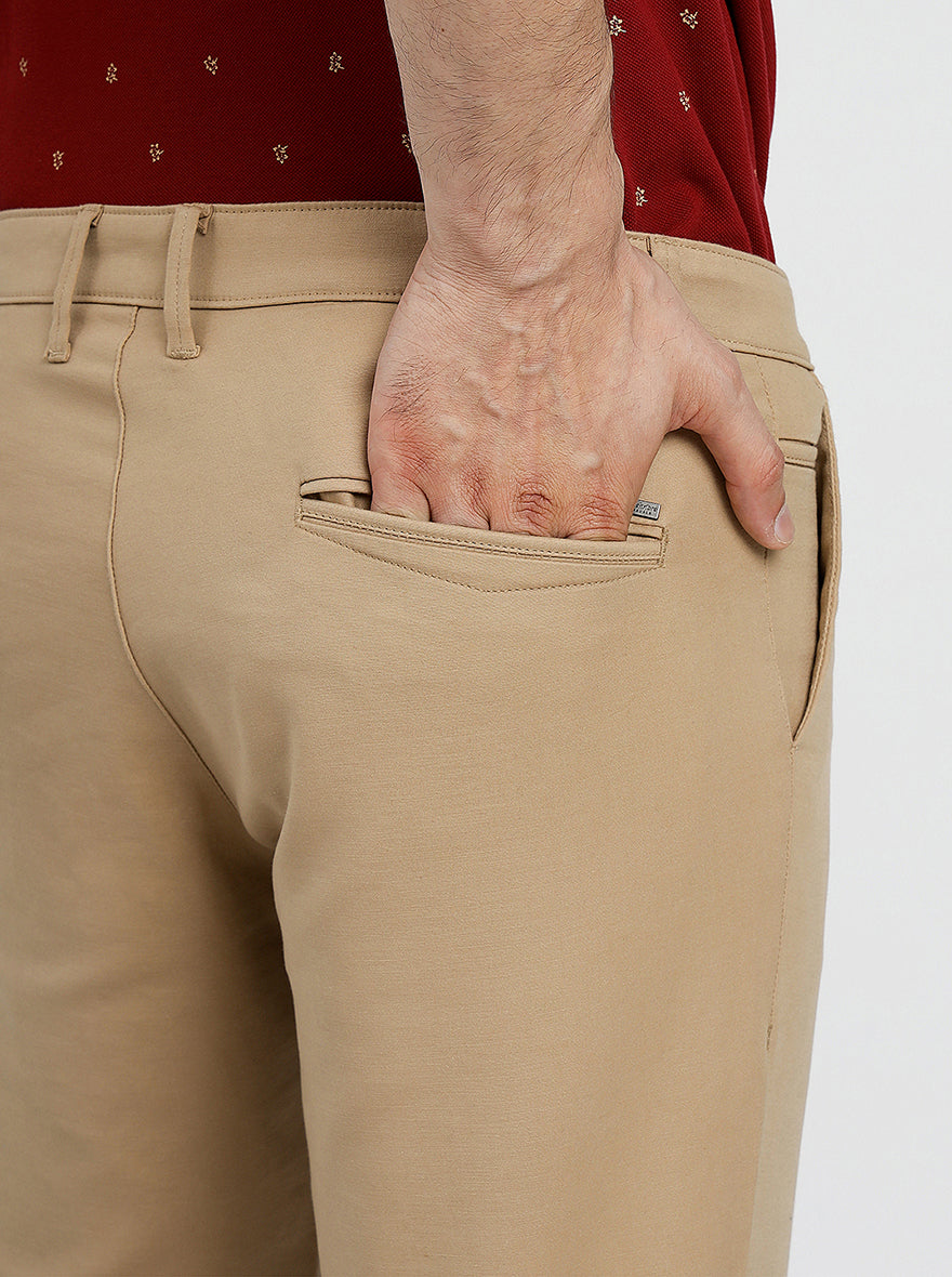 Beige Solid Neo Fit Casual Trouser | Greenfibre