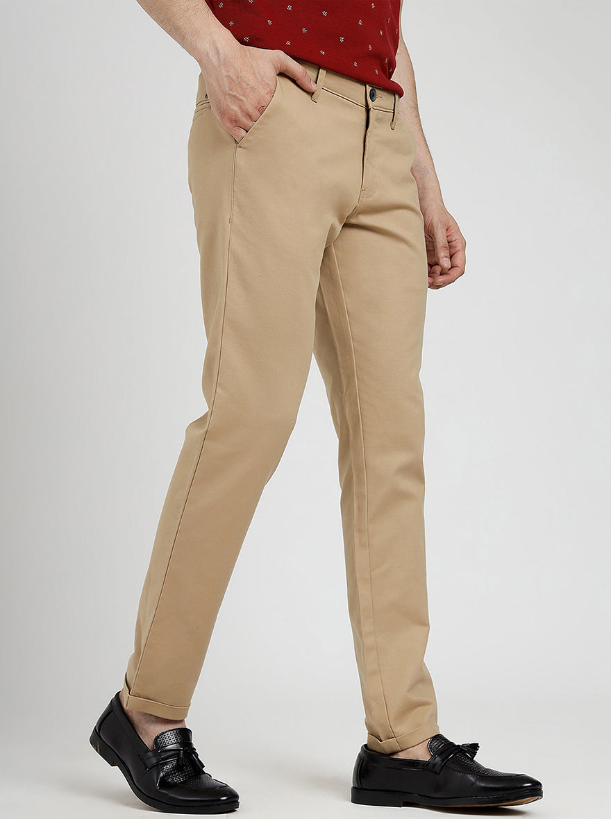 Beige Solid Neo Fit Casual Trouser | Greenfibre