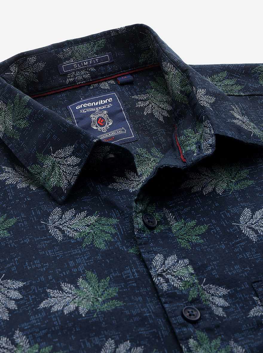 Navy Blue Printed Slim Fit Casual Shirt | Greenfibre