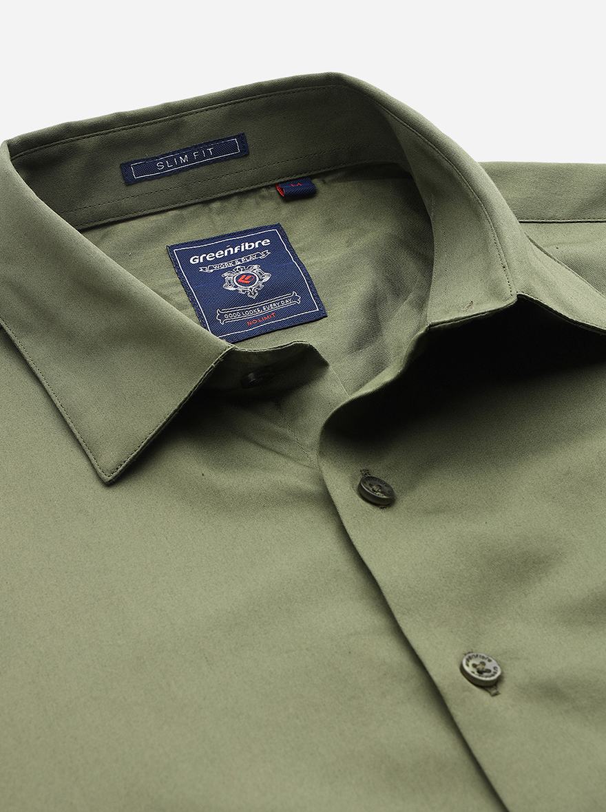 Comfrey Green Solid Slim Fit Casual Shirt | Greenfibre