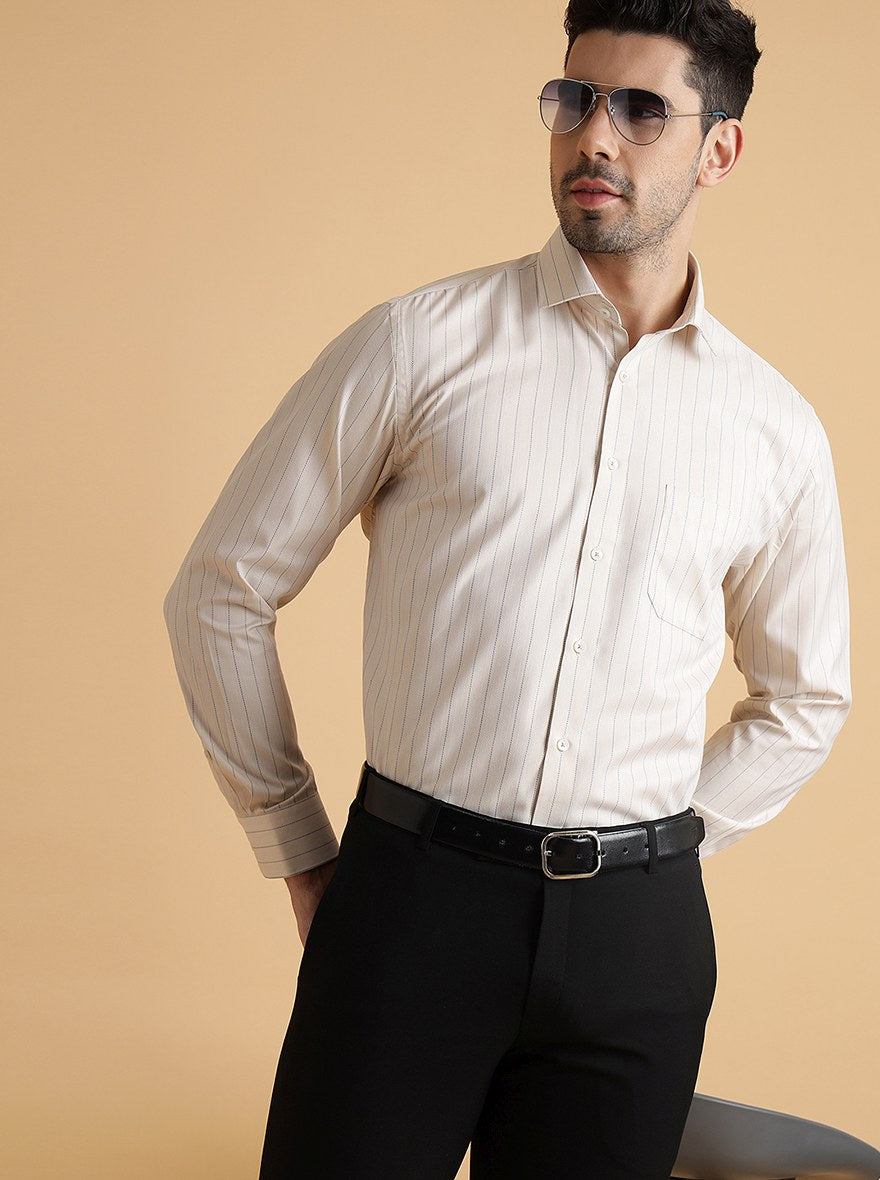 Beige Striped Regular Fit Formal Shirt | Greenfibre