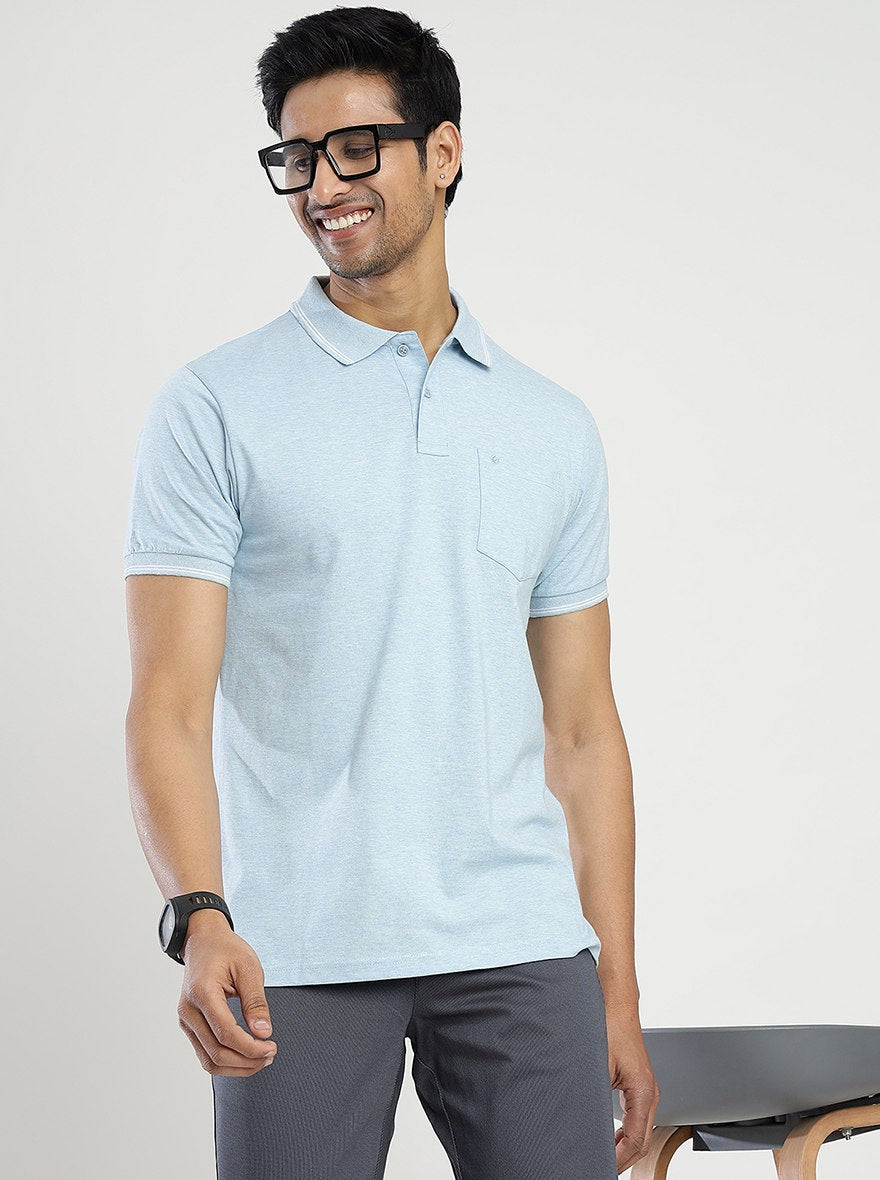 Light Blue Solid Slim Fit Polo T-Shirt | Greenfibre