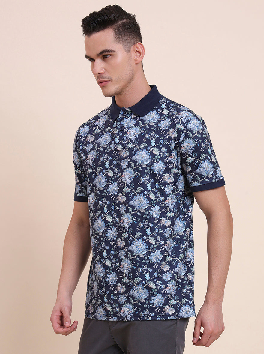 Navy Blue Printed Slim Fit Polo T-Shirt | Greenfibre