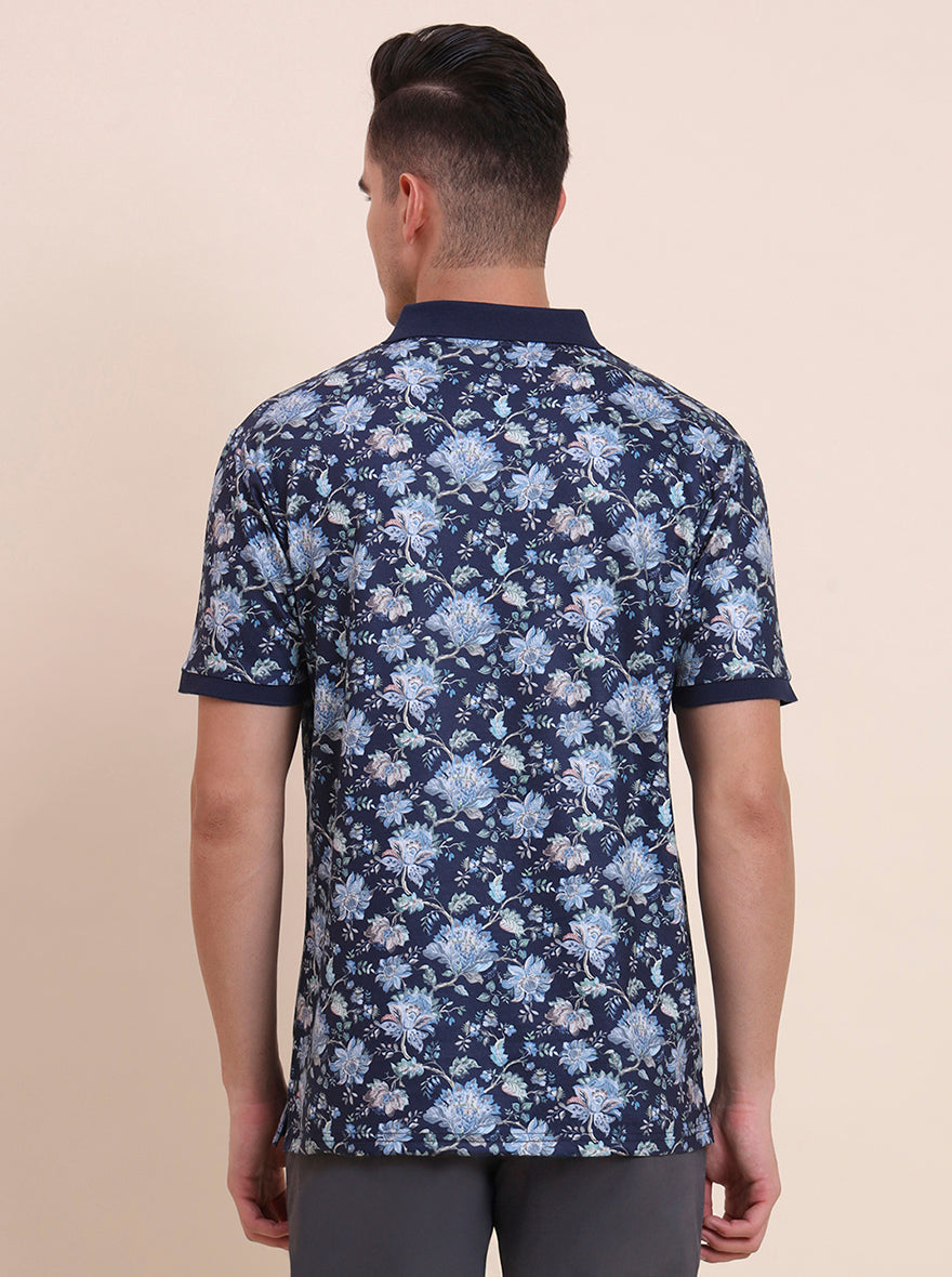 Navy Blue Printed Slim Fit Polo T-Shirt | Greenfibre