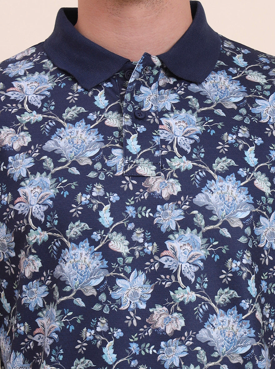 Navy Blue Printed Slim Fit Polo T-Shirt | Greenfibre