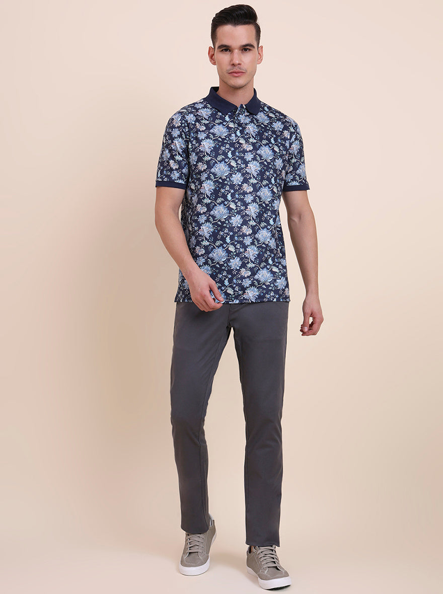 Navy Blue Printed Slim Fit Polo T-Shirt | Greenfibre