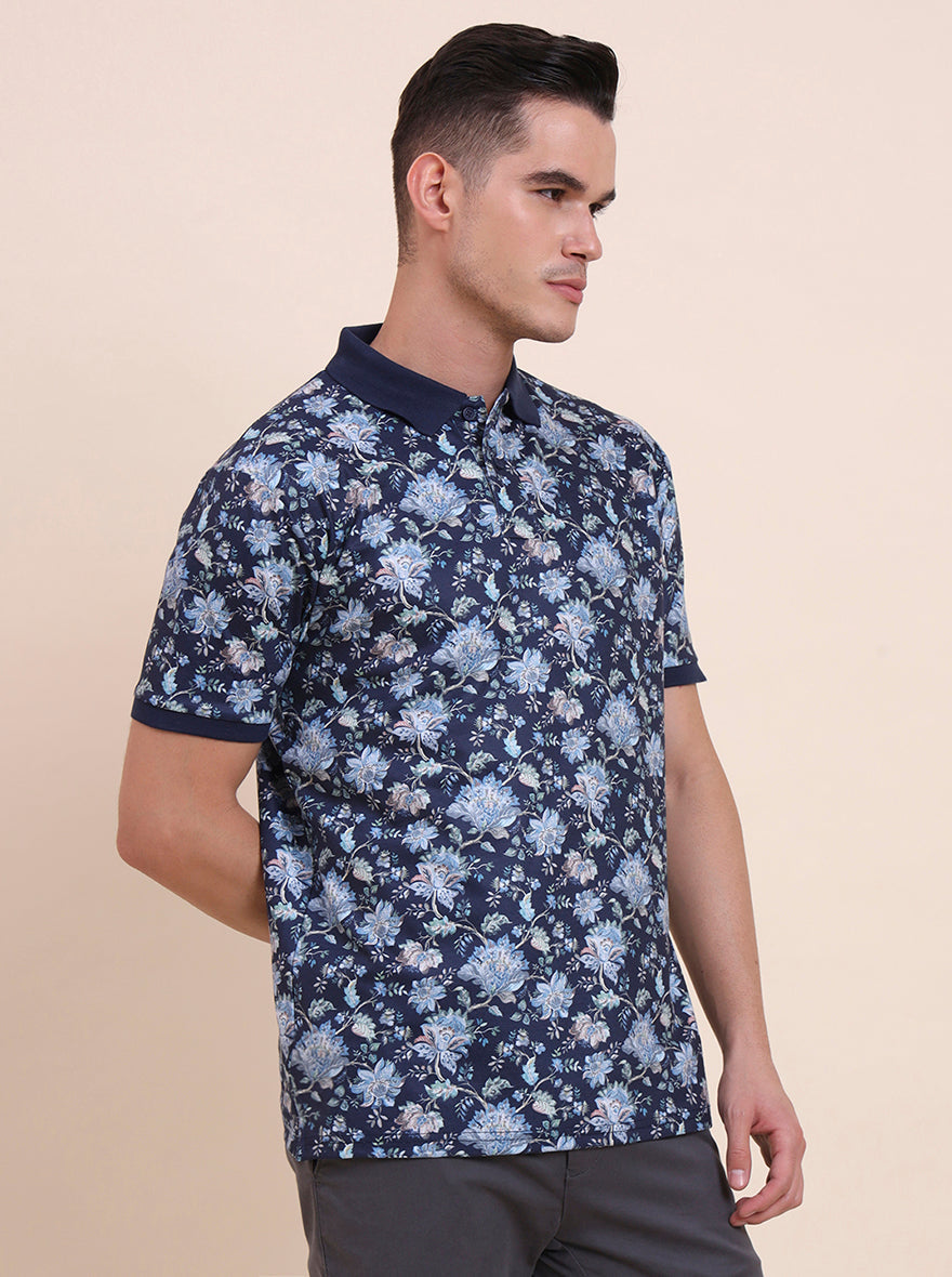 Navy Blue Printed Slim Fit Polo T-Shirt | Greenfibre