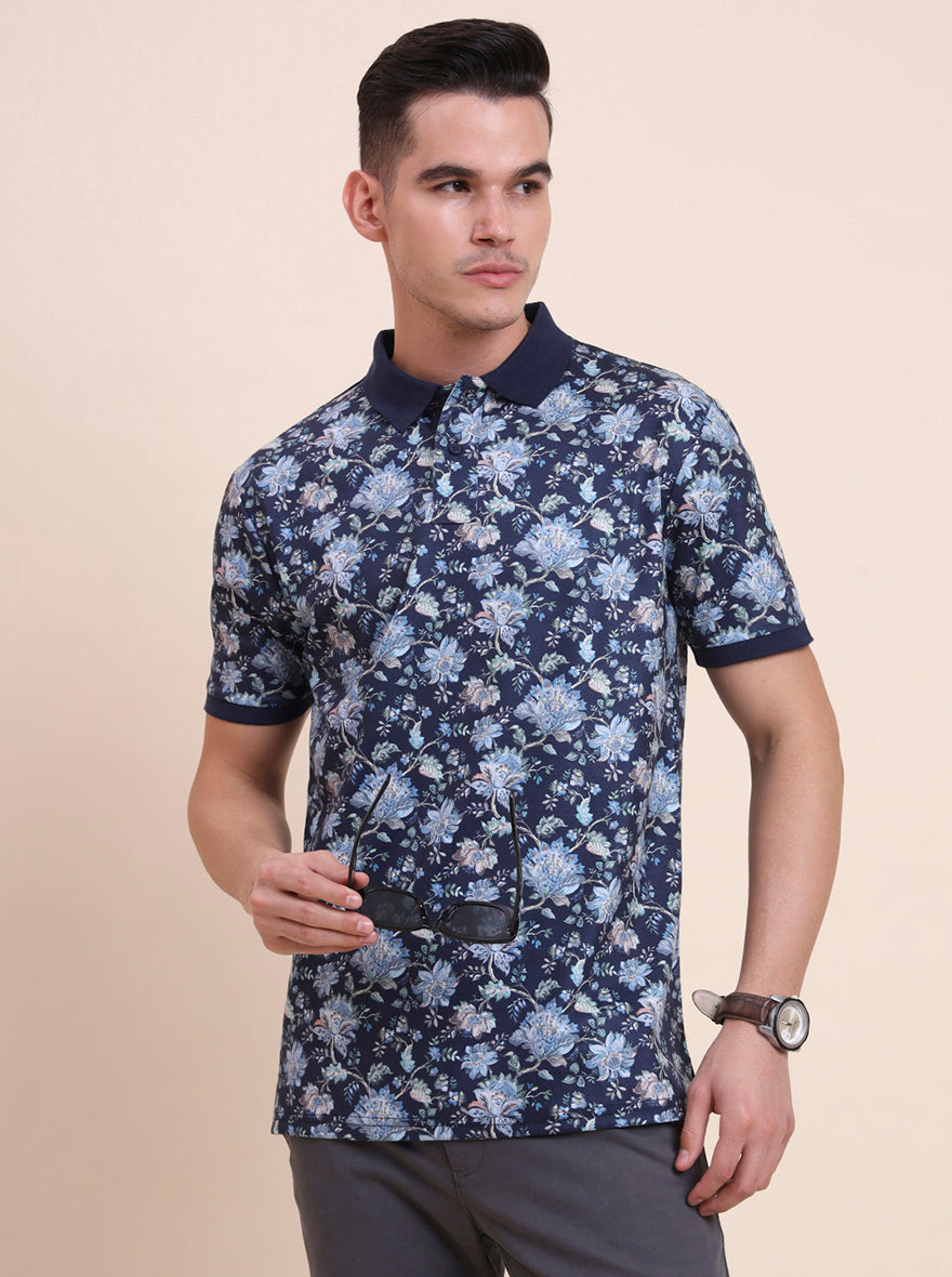 Navy Blue Printed Slim Fit Polo T-Shirt | Greenfibre
