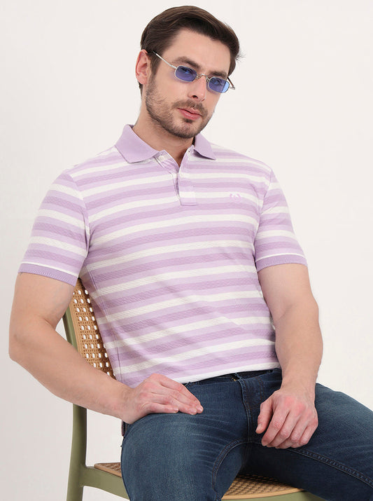 White & Lavender Striped Slim Fit Polo T-Shirt | Greenfibre