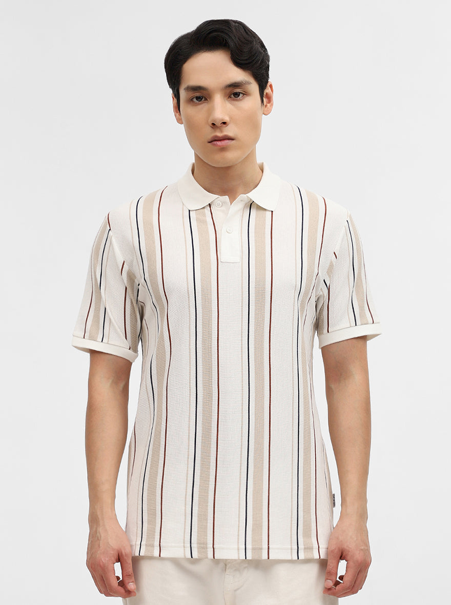 Khaki & White Striped Slim Fit Polo T-Shirt | Greenfibre