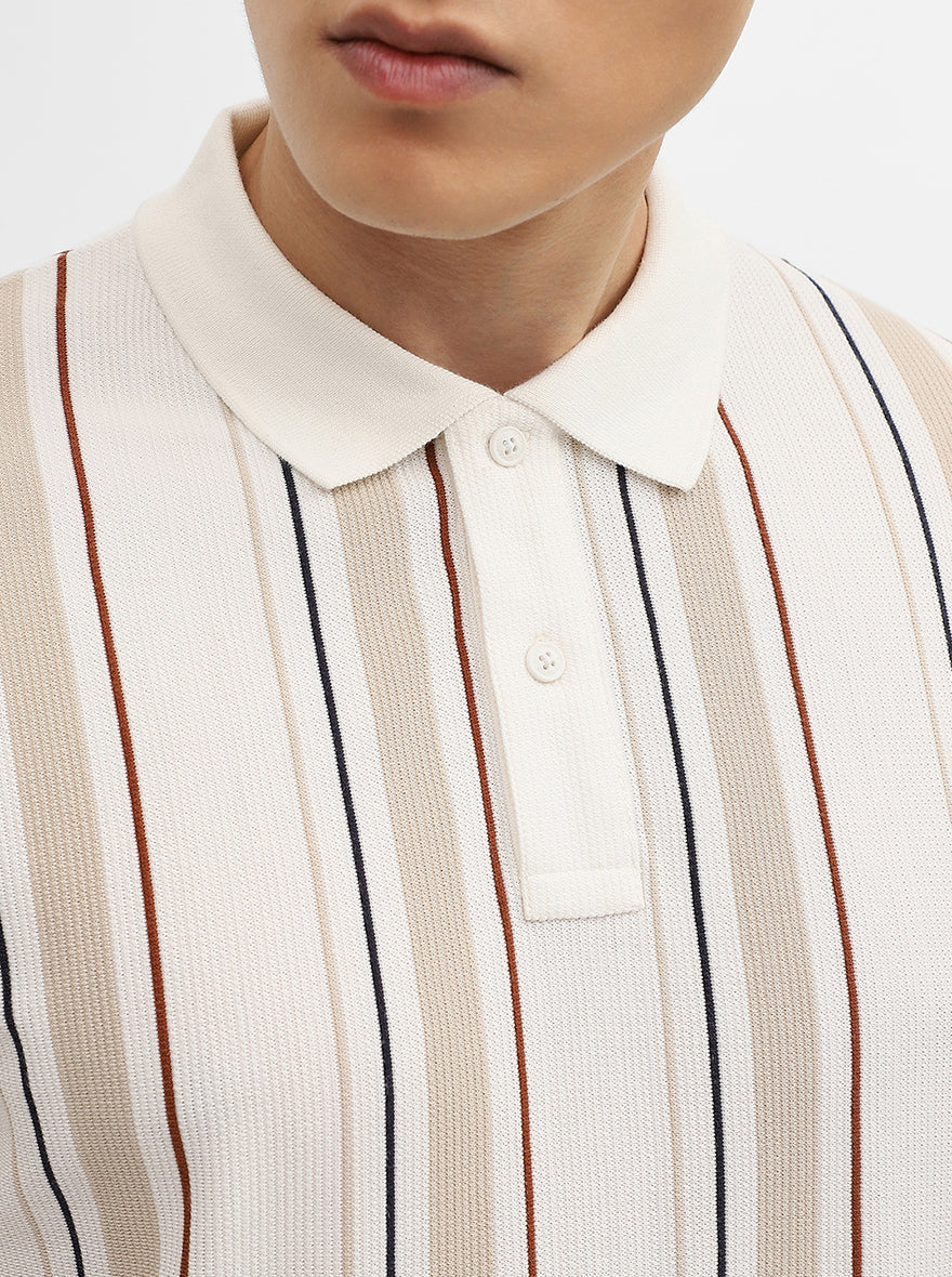 Khaki & White Striped Slim Fit Polo T-Shirt | Greenfibre
