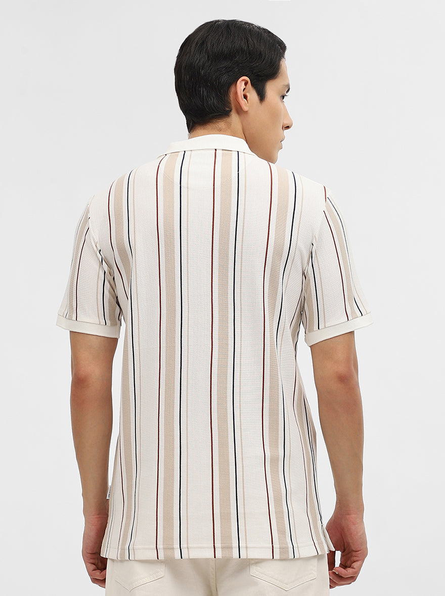 Khaki & White Striped Slim Fit Polo T-Shirt | Greenfibre