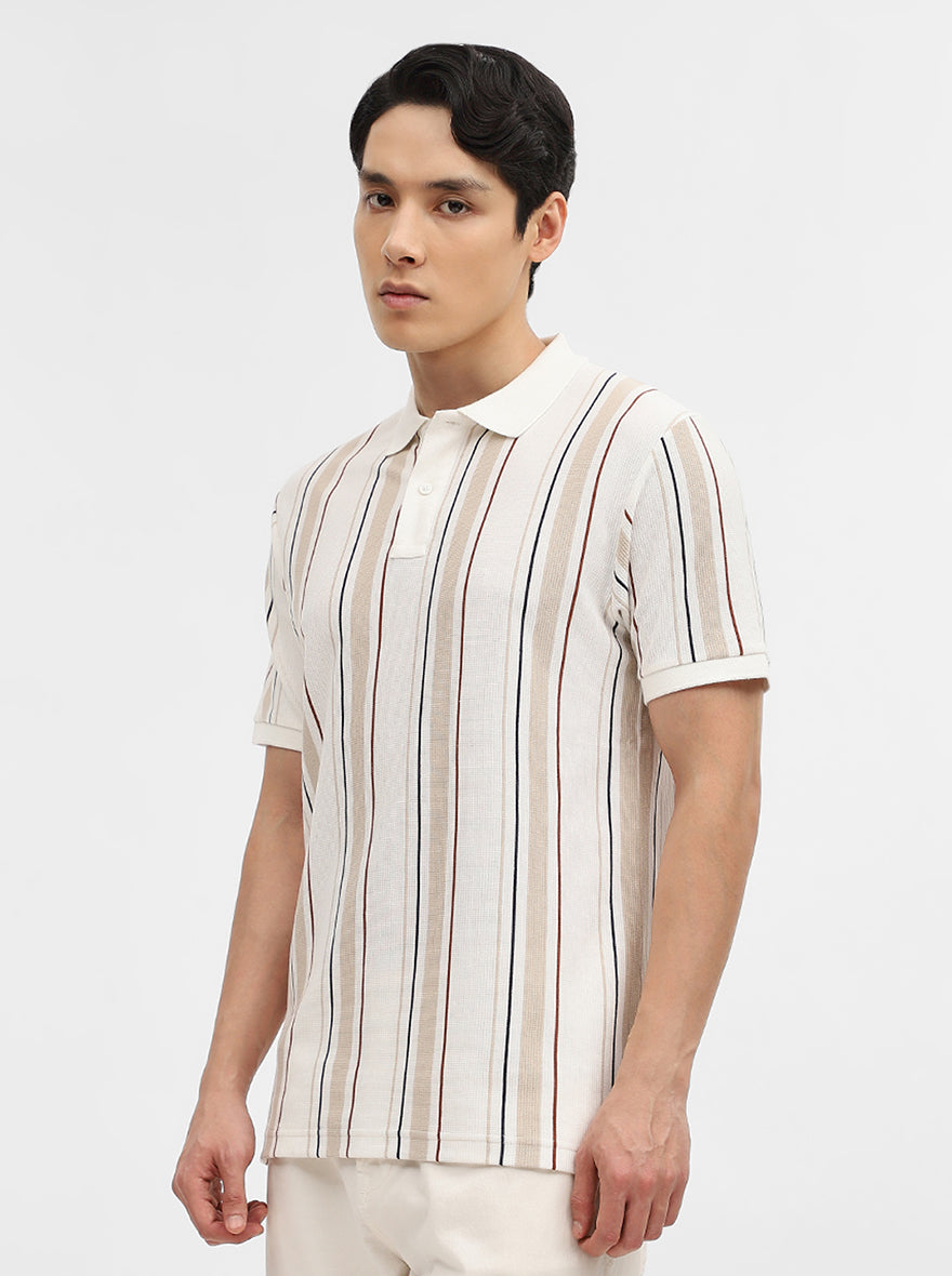 Khaki & White Striped Slim Fit Polo T-Shirt | Greenfibre