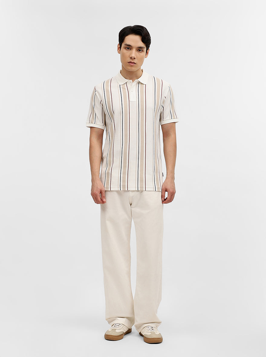Khaki & White Striped Slim Fit Polo T-Shirt | Greenfibre