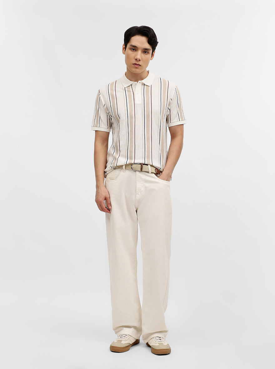 Khaki & White Striped Slim Fit Polo T-Shirt | Greenfibre