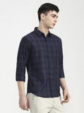 Navy Blue Checked Slim Fit Casual Shirt | Greenfibre