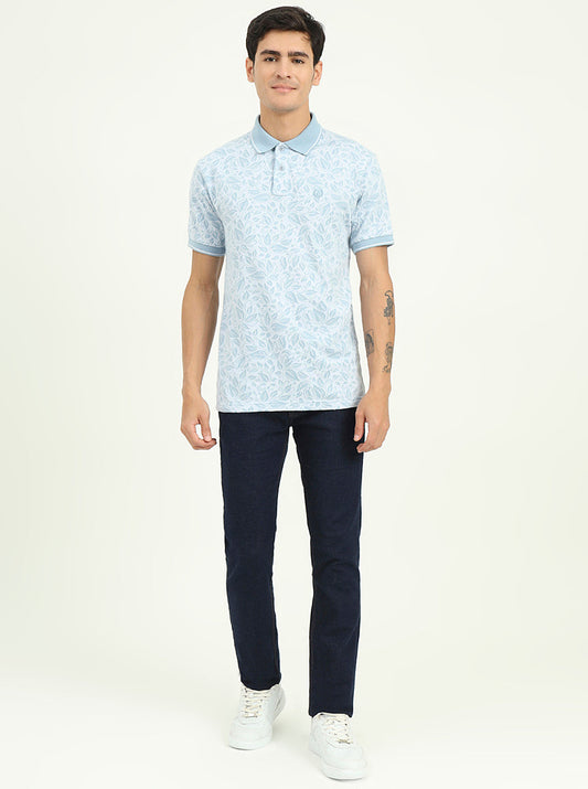 White & Blue Printed Slim Fit Polo T-Shirt | Greenfibre