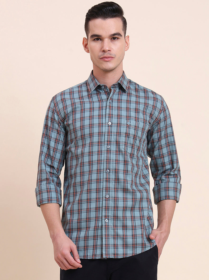 Dark Mint Checked Smart Fit Semi Casual Shirt | Greenfibre