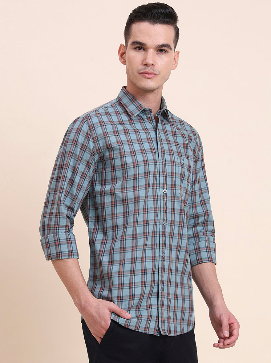 Dark Mint Checked Smart Fit Semi Casual Shirt | Greenfibre