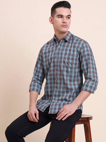 Dark Mint Checked Smart Fit Semi Casual Shirt | Greenfibre