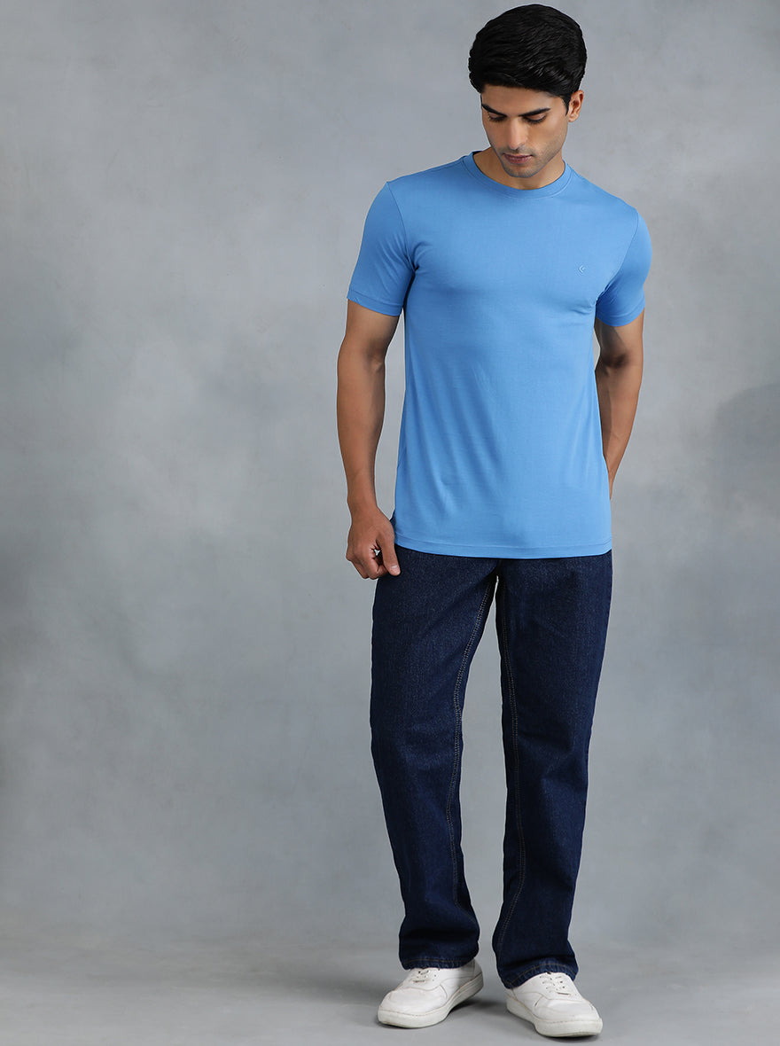 Blue Solid Slim Fit T-Shirt | Greenfibre