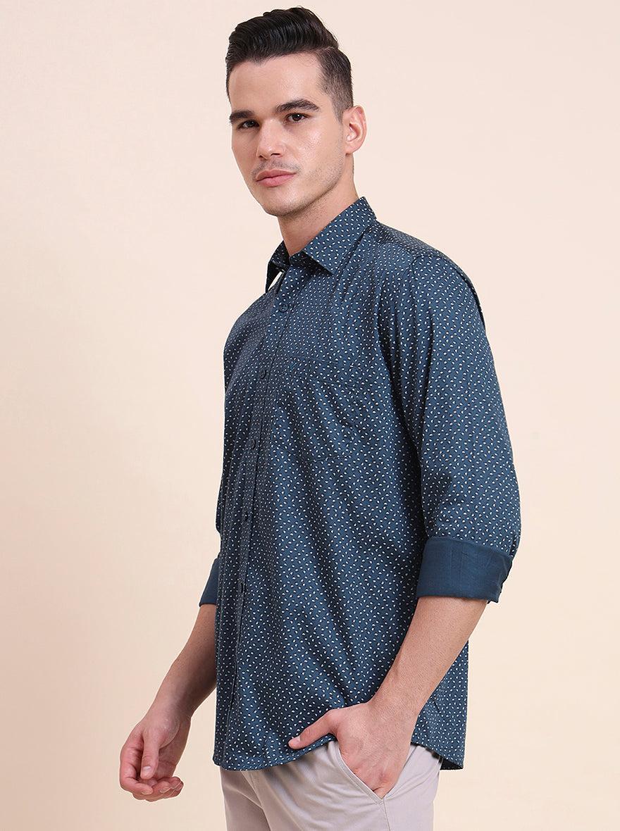 Medium Blue Printed Smart Fit Semi Casual Shirt | Greenfibre