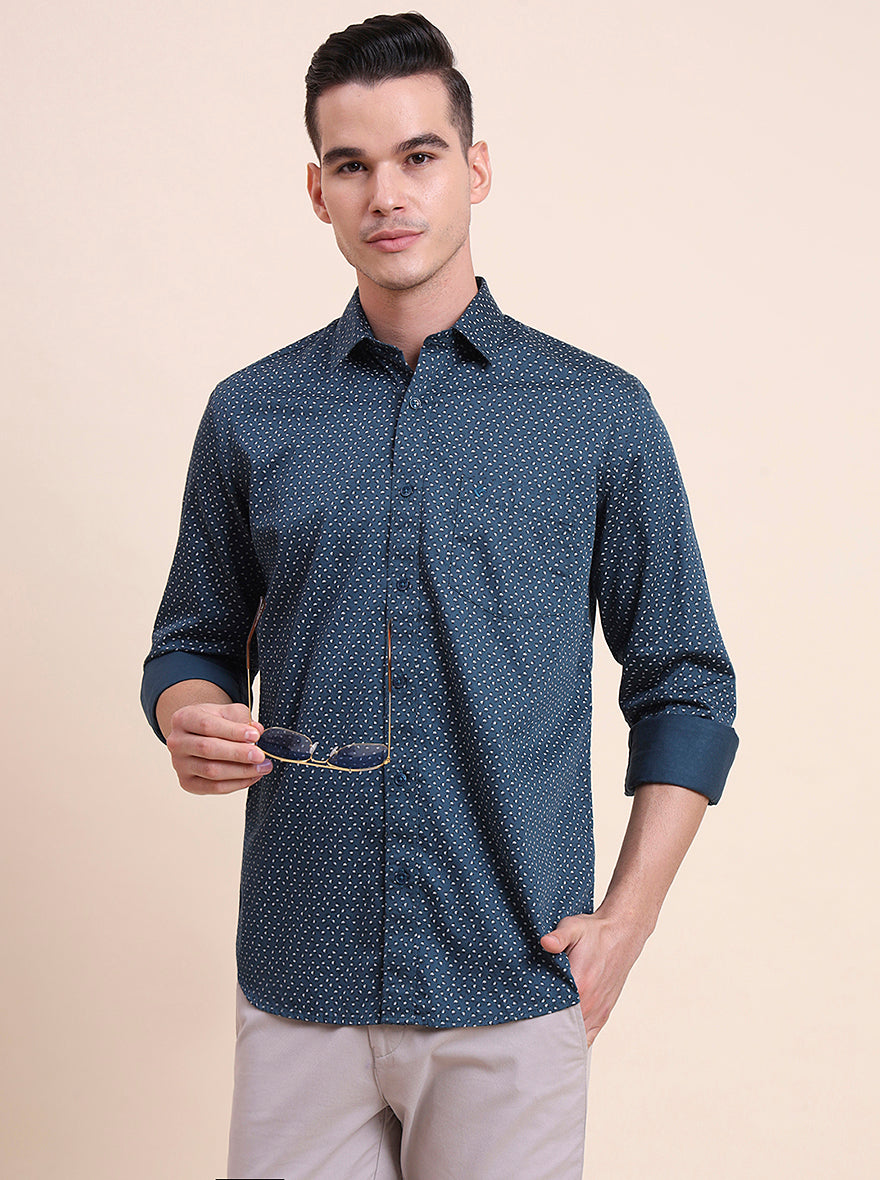 Medium Blue Printed Smart Fit Semi Casual Shirt | Greenfibre