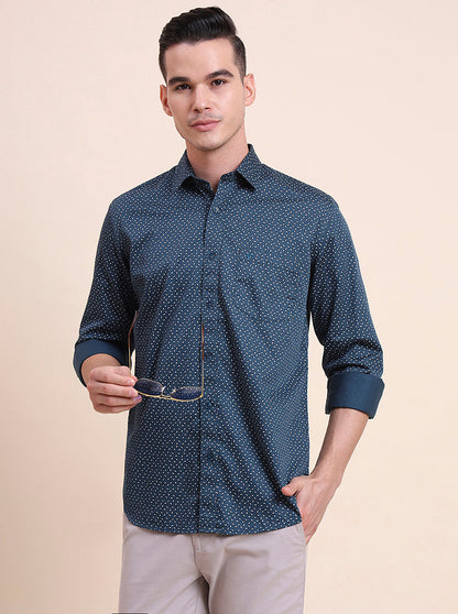 Medium Blue Printed Smart Fit Semi Casual Shirt | Greenfibre