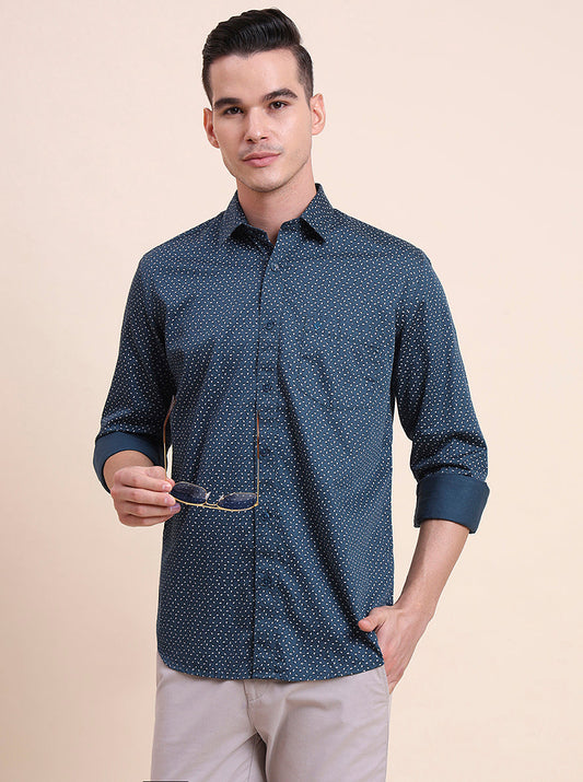 Medium Blue Printed Smart Fit Semi Casual Shirt | Greenfibre