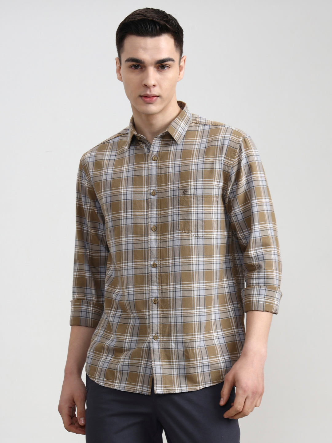 Light Olive Checked Slim Fit Casual Shirt | Greenfibre