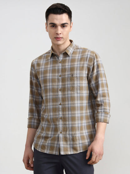 Light Olive Checked Slim Fit Casual Shirt | Greenfibre