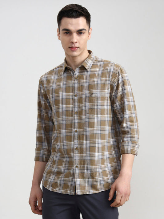 Light Olive Checked Slim Fit Casual Shirt | Greenfibre