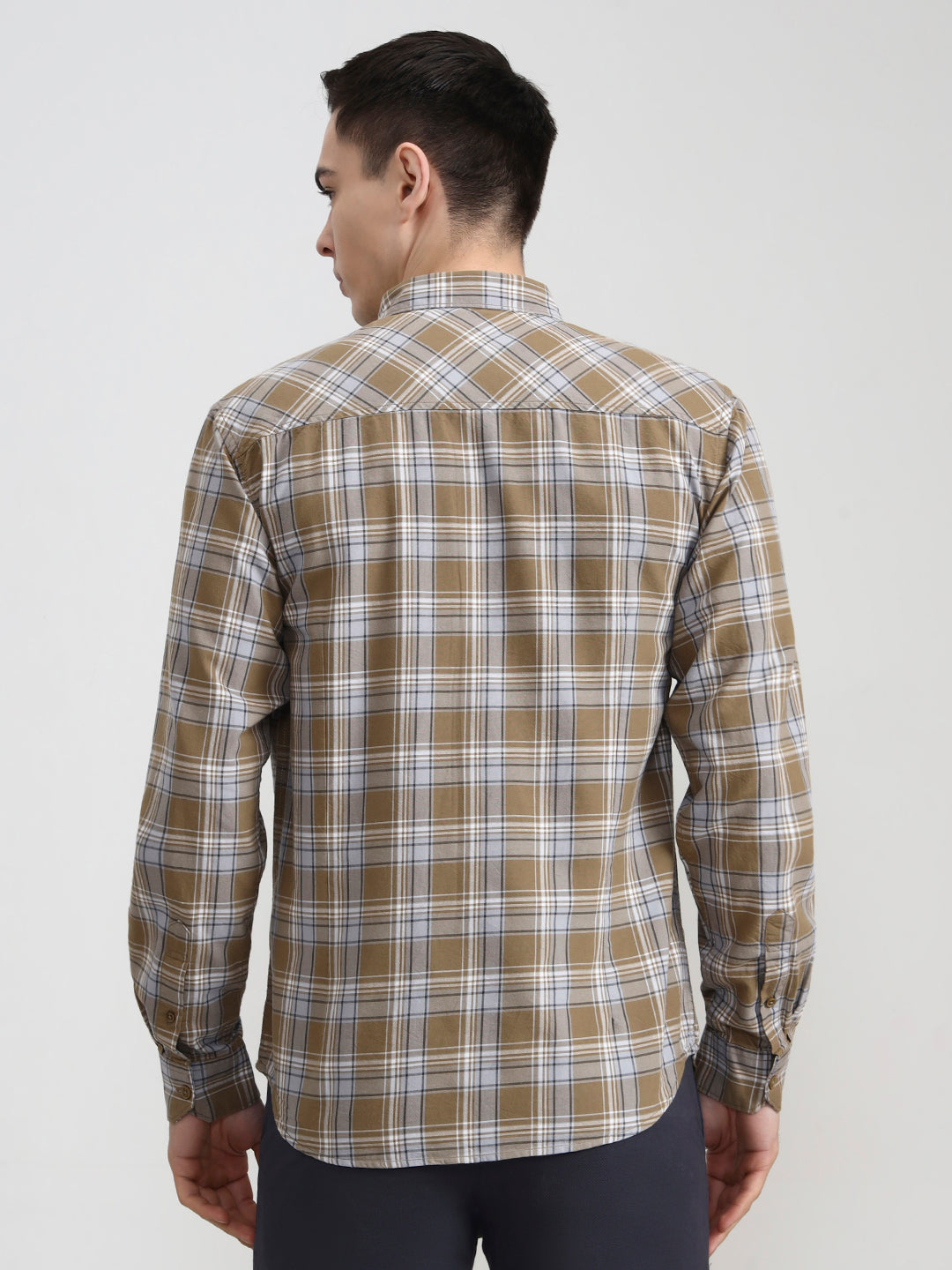 Light Olive Checked Slim Fit Casual Shirt | Greenfibre