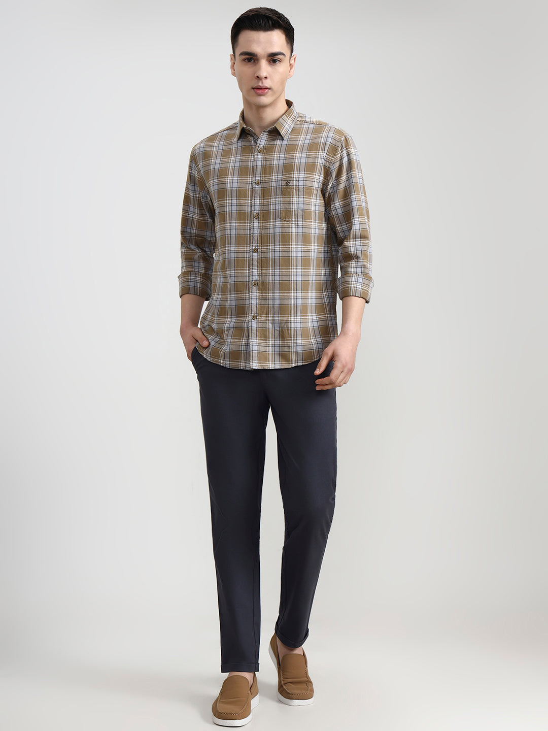 Light Olive Checked Slim Fit Casual Shirt | Greenfibre