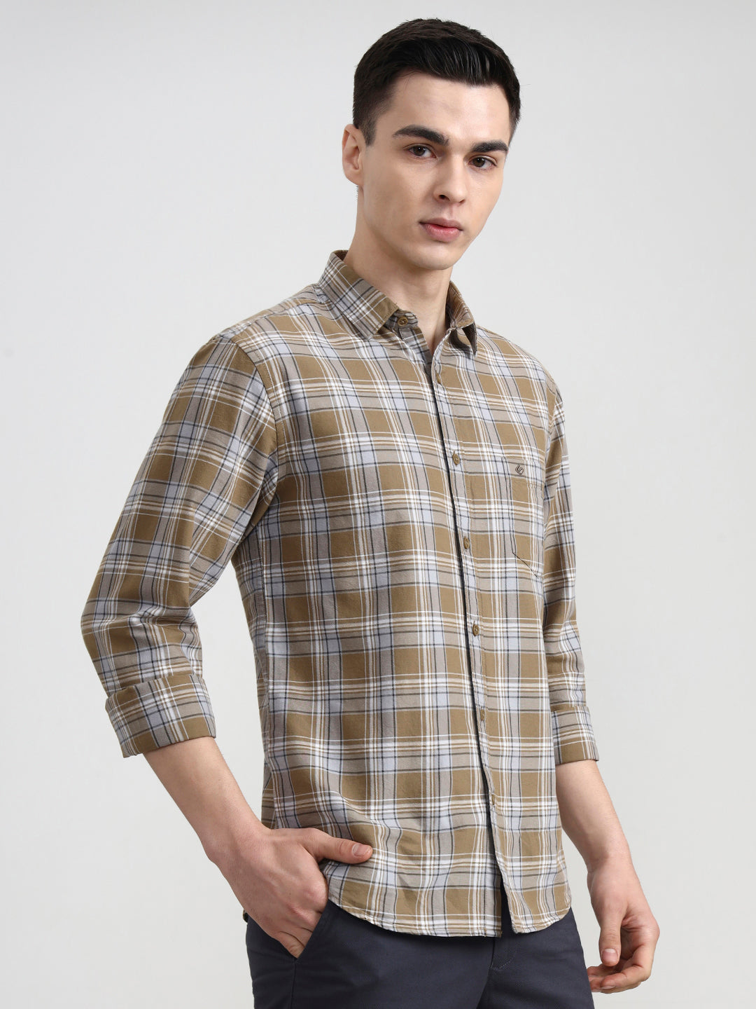 Light Olive Checked Slim Fit Casual Shirt | Greenfibre