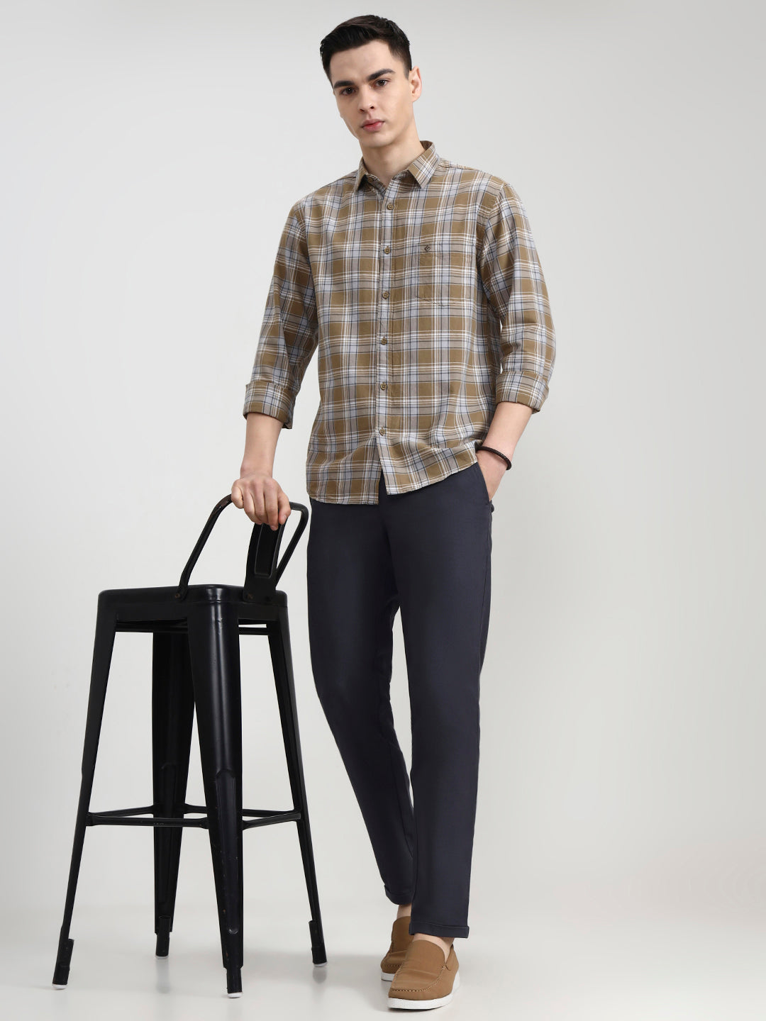 Light Olive Checked Slim Fit Casual Shirt | Greenfibre