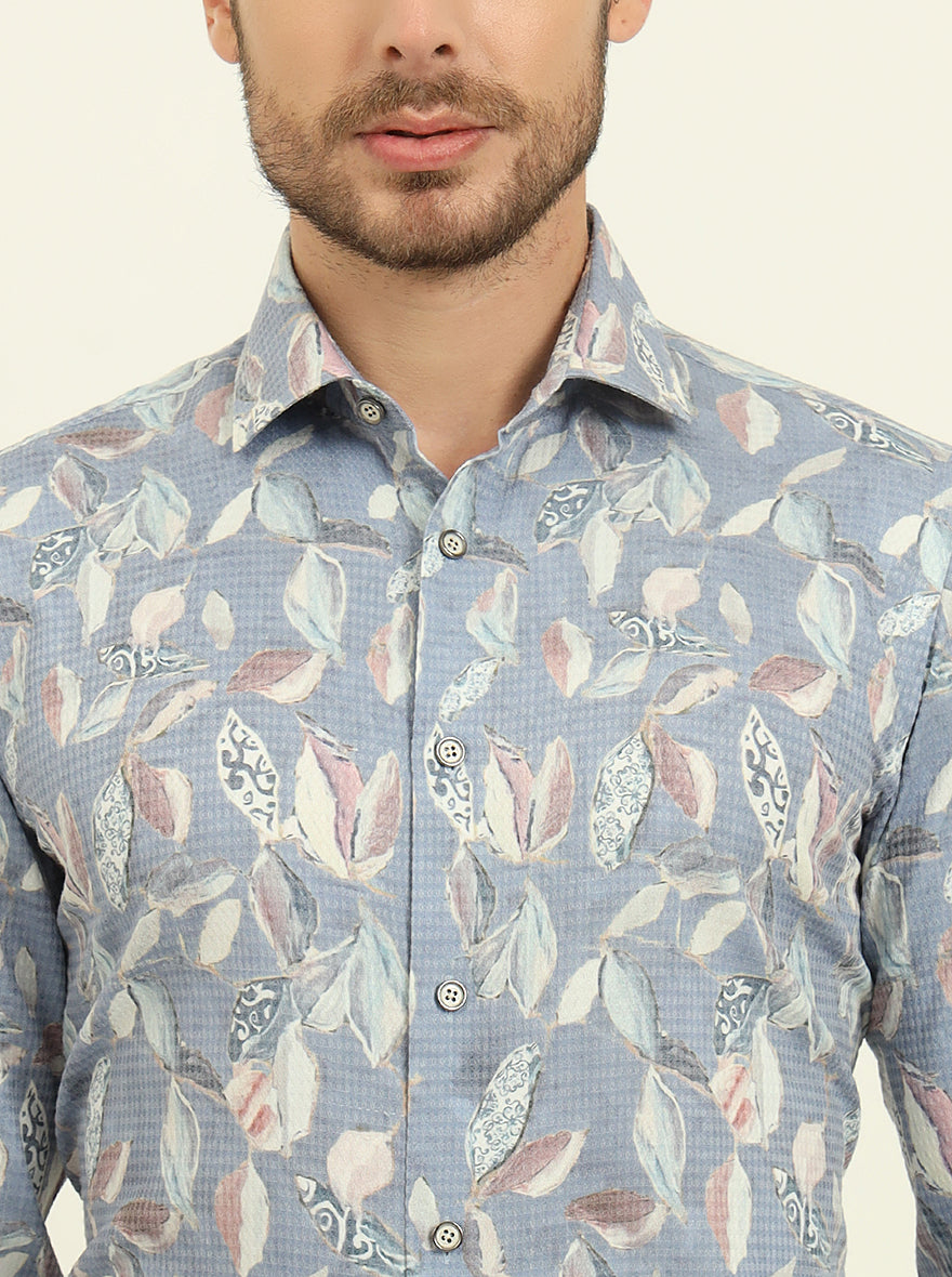 Blue Printed Slim Fit Party Wear Shirt | Wyre