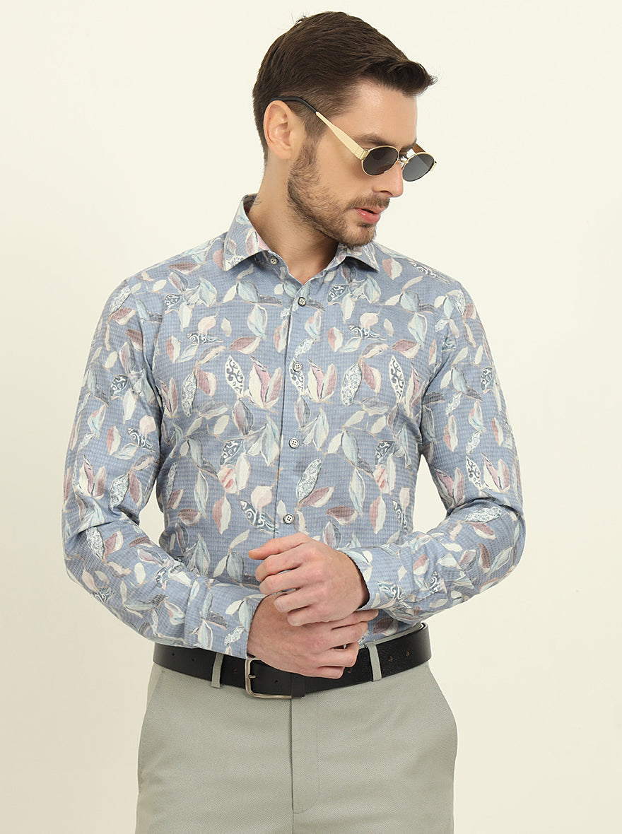 Blue Printed Slim Fit Party Wear Shirt | Wyre