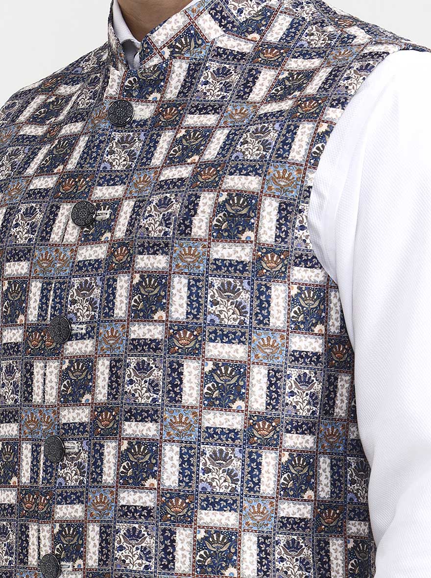 Blue & White Printed  Waistcoat | Greenfibre