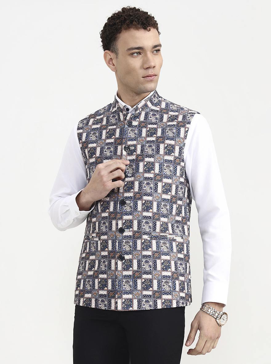 Blue & White Printed  Waistcoat | Greenfibre