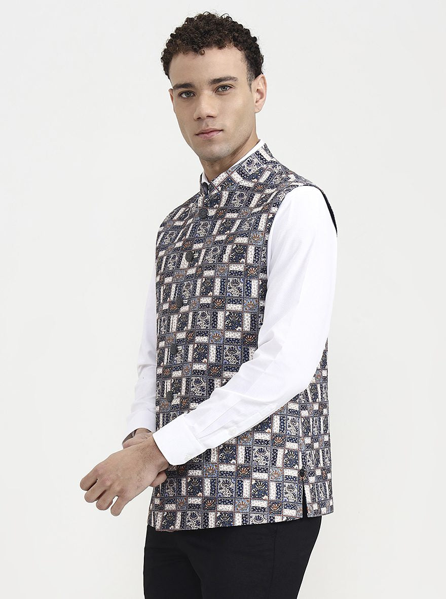 Blue & White Printed  Waistcoat | Greenfibre
