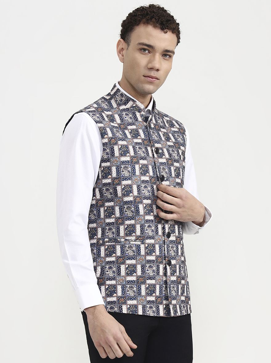 Blue & White Printed  Waistcoat | Greenfibre
