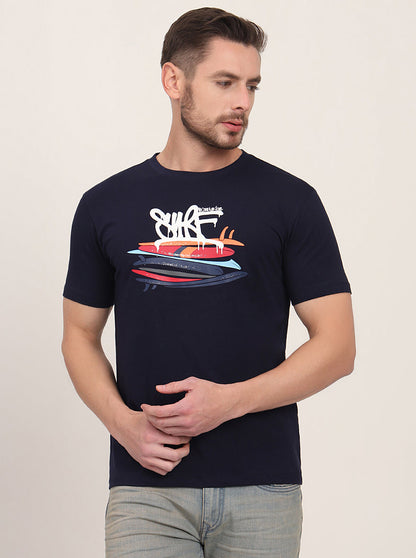 Navy Blue Printed Slim Fit T-Shirt | JadeBlue